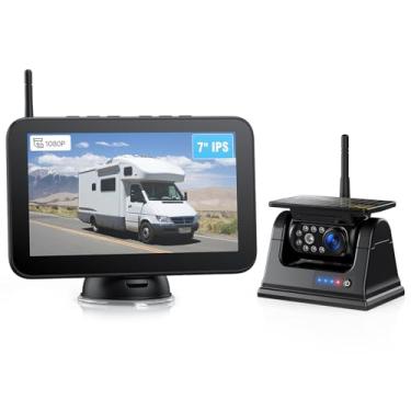 Imagem de ZEROXCLUB Câmera de backup magnética solar sem fio 1080p monitor DVR de 7 polegadas, sistema de câmera RV recarregável sem fio para reboque de engate, viagem, trailer, 5ª roda, bateria embutida de
