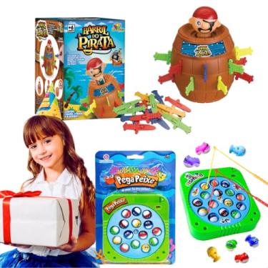 Imagem de Kit brinquedo pedagógico jogos de tabuleiro infantis educativos Barril pula pirata + jogo infantil pega peixe clássico retro menino 8 anos presente menina dia das crianças