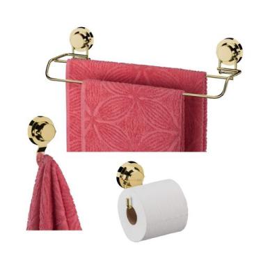 Imagem de Kit Banheiro 3 Peças Suporte Porta Papel Higiênico Gancho Toalheiro Du