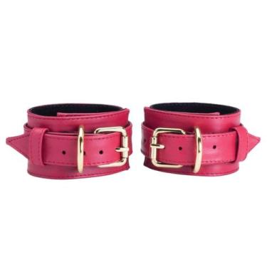 Imagem de Pulseira Couro Legítimo Vermelho Algemas Ajustável Fantasia Diabinha A