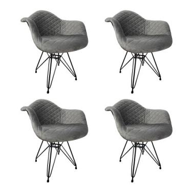 Imagem de Kit 4 Poltronas Jantar Eames Eiffel Estofadas Cinza Base Ferro Preto -