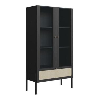 Imagem de Cristaleira 2 Portas Oslo Artesano 83 cm (larg) MDP Nero Palha Sintéti