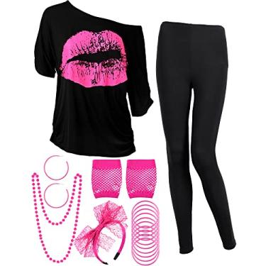 Imagem de Conjunto de fantasia feminina dos anos 80, camiseta, calça legging brinco colar luvas pulseira (3GG, manga curta sólidBlack)