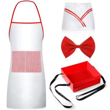 Imagem de Didaey 4 peças kit de fantasia de garçom adulto dos anos 50, fantasia de soda idiota avental listrado vermelho e branco avental para carnaval, Vermelho, branco., One Size