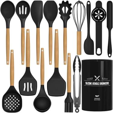 Imagem de Conjunto de utensílios de cozinha, AIKKIL16 peças conjunto de utensílios de cozinha com suporte, resistência ao calor, cabo de madeira preta, conjunto de utensílios de cozinha de silicone para panelas antiaderentes