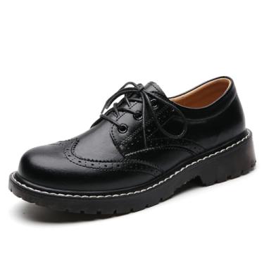 Imagem de XMM Sapato Oxford feminino Oxford com cadarço bico redondo de couro liso clássico antiderrapante para trabalho e negócios, Preto, 39