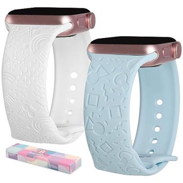 Imagem de Bandiful Pacote com 2 pulseiras duráveis com estampa boho gravada, compatível com Apple Watch Watch séries 8, 7, 6, 5, 4, 3, 2, 1/SE, Ultra, azul celeste e branco