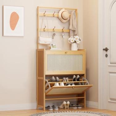 Imagem de LURIVA Armário de sapatos de bambu com suporte para pendurar, 2 gavetas respiráveis, armário de armazenamento de sapatos, organizador de sapatos para entrada, estilo doméstico de vime, 152 cm A x 71