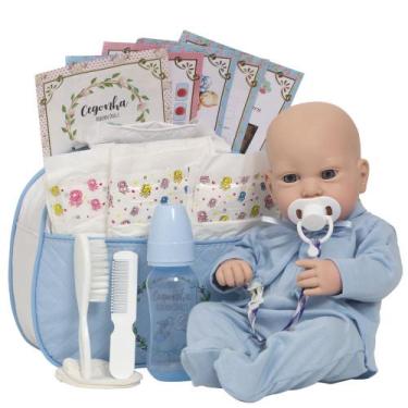 Imagem de Bebe Tipo Reborn Menino Pijaminha Azul Vários Acessórios - Cegonha Reb