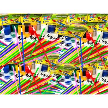 Imagem de 10 Cx Tinta Guache 6 Cores + 20 Pincel Artistico Artesanato Lembrancin