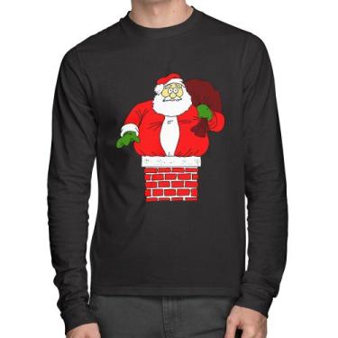 Imagem de Camiseta Algodão Papai Noel Chaminé Manga Longa - Foca na Moda, Preto,