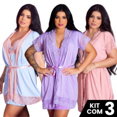 Imagem de Kit 3 Robes  Renda Luxo  Feminino Noiva Sexy Roupão de Banho Kimono Ro