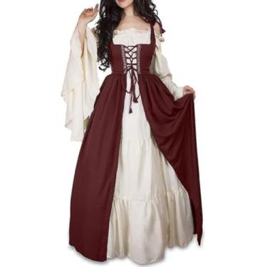 Imagem de HemeraPhit Vestido feminino renascentista, fantasia medieval, Halloween, cosplay, cintura amarrada, vestido gótico retrô (G)
