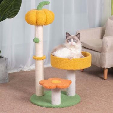 Imagem de MODUSKYE- Arranhador para gatos, torre de árvore para gatos, abóbora amarela, flor de laranja, cama para gatos, ninho de gato de 29,5 pol. com brinquedos para gatos, aconchegante, fofo, 3 pilares, gat