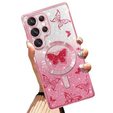 Imagem de AIGOMARA Capa de telefone feita para celular ultra [compatível com carregamento sem fio] design borboleta macio TPU glitter Bling capa à prova de choque anti-arranhões para mulheres - rosa