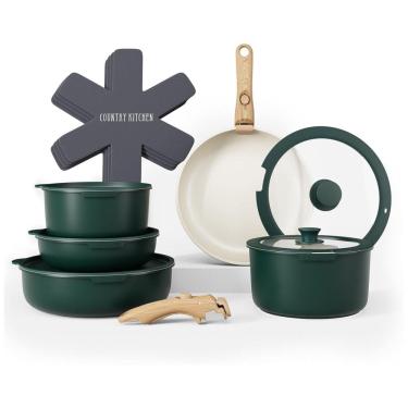 Imagem de Jogo de Panelas e Frigideiras, Material em Alumínio com 16 Peças e Cabo de Madeira Removível, Country Kitchen, Verde Escuro