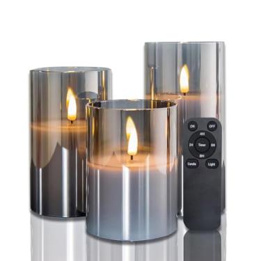 Imagem de CANDLE CHOICE Velas de pilar sem chamas de cera real operadas por bateria com temporizador remoto, revestimento de vidro cinza, pavio preto realista, luzes de LED elétricas cintilantes para casamento,