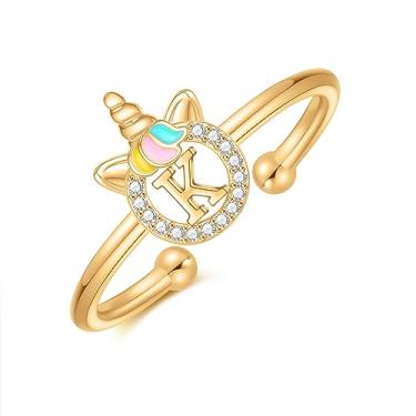Imagem de CIVOKINA Anéis de unicórnio para meninas, banhado a ouro 14K, banhado a ouro rosa/prata esterlina para crianças, lindos anéis de letras ajustáveis para meninas adolescentes, hipoalergênicos, não