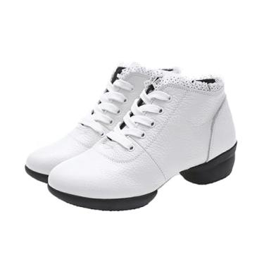 Imagem de ZHENSI Botas femininas de dança de couro Jazz Shoes de salto baixo com cadarço e sola dividida modernas, botas de dança latina, Branco, 33