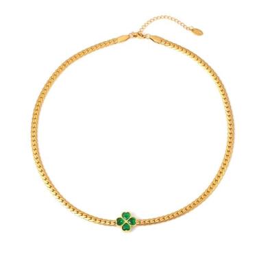 Imagem de Colar feminino com pingente de folhas de trevo esmeralda de aço inoxidável CZ folhas da sorte colares gargantilha dia de São Patrício corrente de elos ajustáveis joias, Adjustable, Aço inoxidável