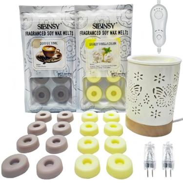 Imagem de Sibinsy Aquecedor elétrico Butterfly com temporizador e 16 donuts cera perfumada de soja derrete cubos de cera forte aroma baunilha café