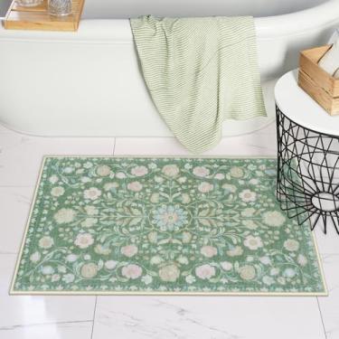 Imagem de Uphome Boho Tapetes de banheiro verdes vintage tapetes de banheiro fazenda macio felpudo antiderrapante tapete de banho lavável à máquina tapetes de banho florais envelhecidos para banheiro, banheiro