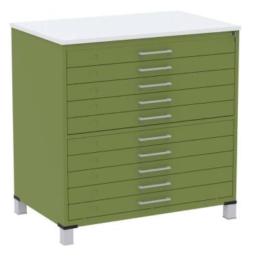 Imagem de Mapoteca 10 Gavetas Pandin 120 Cm (larg) Inmetro Tampo Mdp Branco Estrutura E Gavetas Em Aço Verde