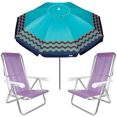 Imagem de Kit Guarda Sol 2,5m Articulado Ibiza Turquesa 2 Cadeira 8 Posições Alumínio Sannet Praia Piscina Camping - Tobee