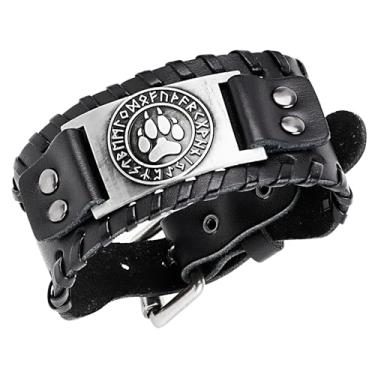 Imagem de Philo Fun Pulseira de couro viking com símbolo de pata nórdica e runas, pulseira estilo mítico retrô, pulseira gótica ajustável para homens, One Size, Couro, Sem Pedra Preciosa