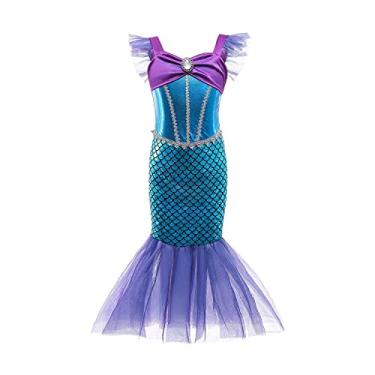 Imagem de e-super Vestido de princesa sereia para meninas Ariel vestido cosplay vestido tutu manga voadora vestido sem cadarço de verão, Sereia - esmeralda, 5-6T