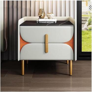 Imagem de PEYNIR Mesa lateral de cabeceira mesa de cabeceira de couro com 2 gavetas mesa de centro painel de ardósia mesa lateral suporte de madeira mesa lateral baú de cabeceira estreito