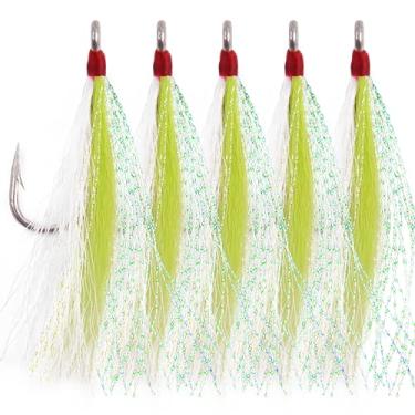 Imagem de Bucktail Teaser anzóis de pesca, 5 peças de plataforma de linguado de água salgada de aço inoxidável anzóis Bucktail Mylar Flash Teasers inseridos para Striper Catfish Bacalhau Linguado Hi/Lo Rig