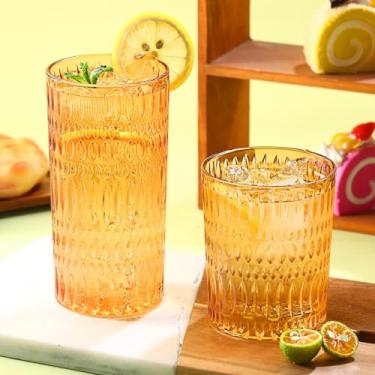 Imagem de Loivttvv Conjunto de 8 copos de vidro, copos altos de 400 ml e copos de vidro canelados, copos vintage para água, suco, coquetel, uísque (âmbar)