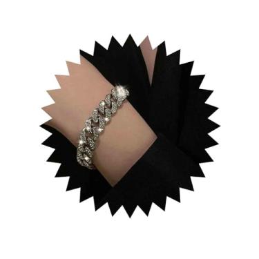 Imagem de Sttiafay Pulseira de corrente de elos cubanos para mulheres e homens, pulseira com gelo brilhante Miami Diamond Pulseira de corrente grossa Hip Hop bijuteria de fantasia, Prata Strass