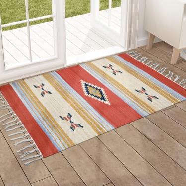 Imagem de 1 Tapete Capacho Kilim Original India 100% Algodão 50x70 Vr (D7Kil Vermelho Laranja Amarelo Azul Verde Cru - Kilim Arte)