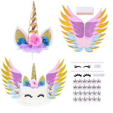Imagem de NUOSYI Unicorn Cake Topper Set, Wings and Eyelashes Decorations, Gold and Pink, with Straw (Mixed A)