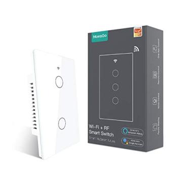 Imagem de MoesGo Interruptor inteligente de parede de 2ª geração WiFi RF433 Smart Touch com um único fogo, sem necessidade de fio neutro, compatível com o aplicativo Smart Life/Tuya, funciona com Alexa e Google Home Single Pole 110V Branco 2 Gang