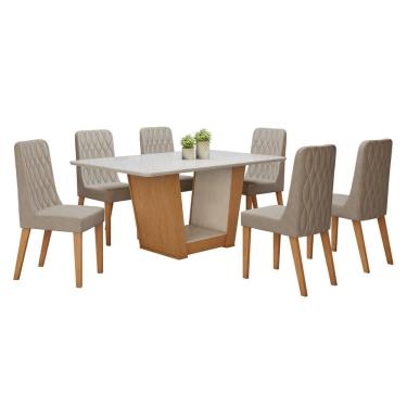 Imagem de Conjunto Sala de Jantar 160cm Tampo MDF com Vidro e 6 Cadeiras  Amêndoa Clean/Off White/Creme