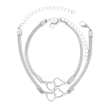 Imagem de Tornozeleira e Pulseira com Detalhes de Coração Joia de Moda Feminina 2 Peças Estilo Liga, Versátil para Uso Diário, Todas as Estações, Combo de Acessório Elegante. Na côr de Prata.
