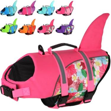 Imagem de Colete salva-vidas para cães Doglay, colete modelo tubarão ajustável, resistente a rasgos, alta flutuabilidade, com alça de resgate, para natação e passeios de barco, colete para cães pequenos, médios