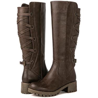 Imagem de GLOBALWIN Botas Femininas De Cano Alto Com Tiras E Para Motocicleta, Montaria Panturrilha Larga, Cadarço Nas Costas, Moda Outono Inverno Mulheres, Marrom 11 Meses