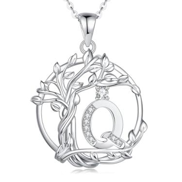 Imagem de FANCIME Colar feminino com inicial árvore da vida, joia de árvore de prata esterlina, pingente de letra de diamante simulado, zircônia cúbica, zircônia cúbica, presente de aniversário e dia das mães
