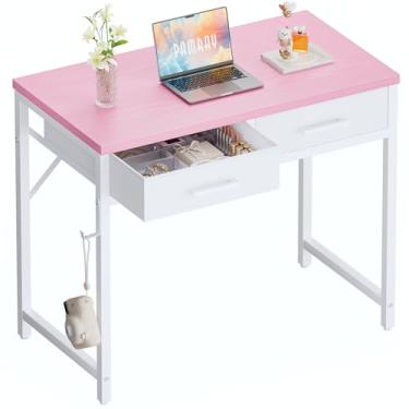 Imagem de Pamray Mesa de computador pequena de 81 cm com 2 gavetas para quarto, estudo, escrita, mesa de escritório em casa para espaços pequenos, rosa