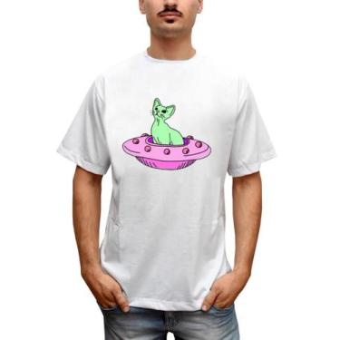 Imagem de Camiseta Masculina Gato Cat Abduzido Nave - Bella Store, Branco, GG, H