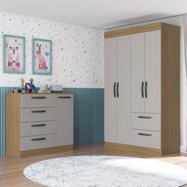Imagem de Quarto Infantil Guarda Roupa 4 Portas 2 Gavetas e Cômoda 4 Gavetas 1 Porta Loly Poquema - Damasco/Off White