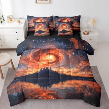 Imagem de Erosebridal Conjunto de edredom queen com nebulosa sonhadora, céu estrelado com glitter ombré, 7 peças, para crianças, meninos, meninas, cenário natural ao anoitecer, cama em uma bolsa