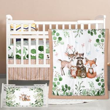 Imagem de Hahafelt Jogo de cama com 3 peças, animais de safári, dinossauros, urso da floresta, animais da selva, conjunto de berço inclui colcha, lençol com elástico, saia para bebês meninos e meninas (verde