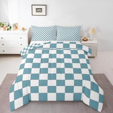 Imagem de Erosebridal Jogo de cama solteiro xadrez azul branco e azul buffalo, quadriculado, conjunto de edredom para crianças, adolescentes, xadrez, estética, guingão, decoração de quarto moderno