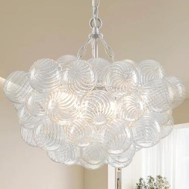 Imagem de Longree Lustre De Vidro Bolha Com Acabamento Branco, Luminárias Em Formato Globo Soprado Transparente, 20" Diâmetro, Pequeno Conjunto Luzes Pendentes Para Sala Jantar, Cozinha, Banheiro, Entrada, Qu