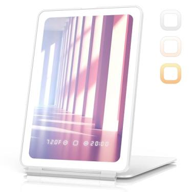 Imagem de Zemmys Espelho de maquiagem de viagem com visor de tempo e temperatura, bateria recarregável de 2000 mAh, espelho iluminado dobrável portátil de 19 cm com 148 luzes LED, 3 modos de iluminação
